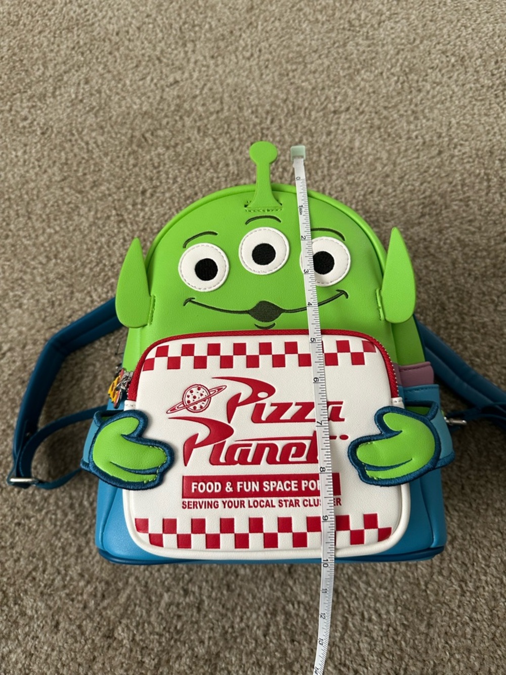 Loungefly Pixar Alien Pizza Planet Mini Backpack - Green/Blue/White/Red - Picture 3 of 10